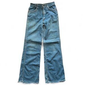 70s Red Snap Rainbow Rivet Pocket Raw Hem Flare Jeans 26x33